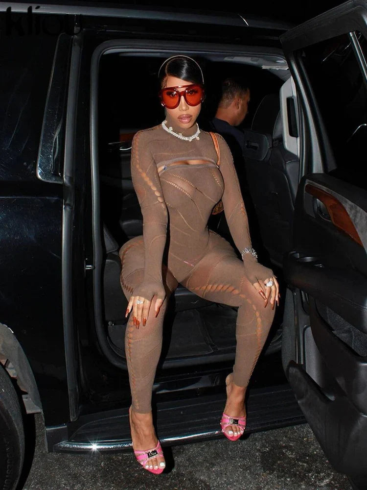 Sexy Mesh Patchwork Sheer Full Sleeve Hoodie Jumpsuit for Women Hipster Body-Shaping Streetwear Overalls