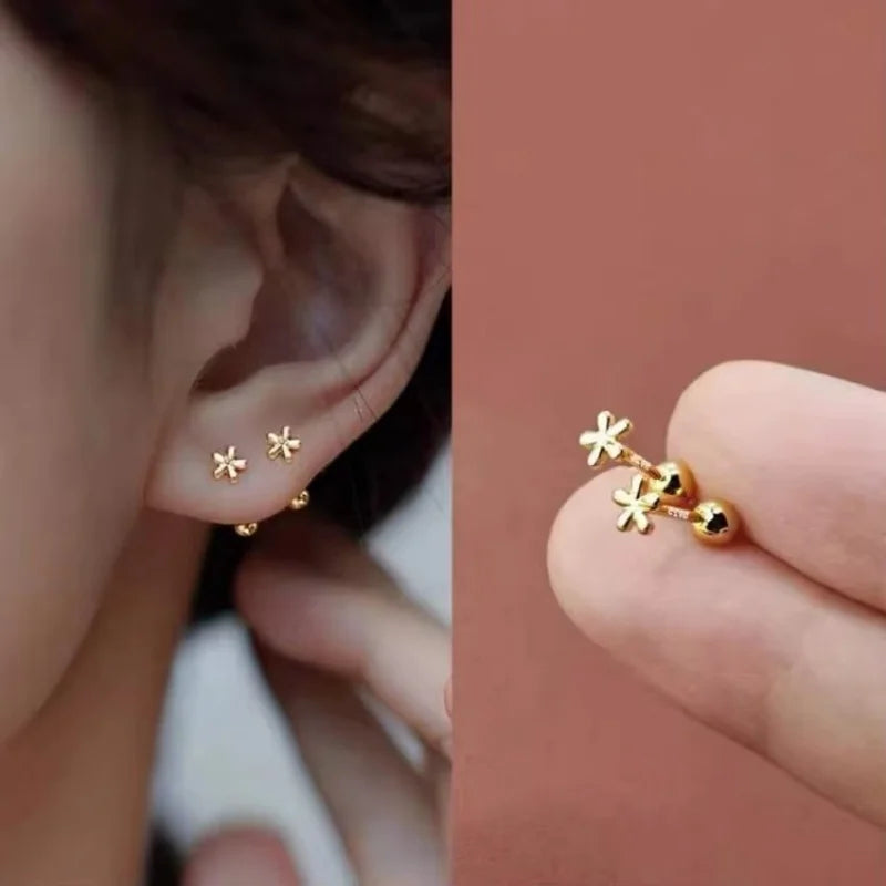 Simple Stainless Steel Golden Flower Small Stud Earrings for Women with Tiny Screw Back Piercing