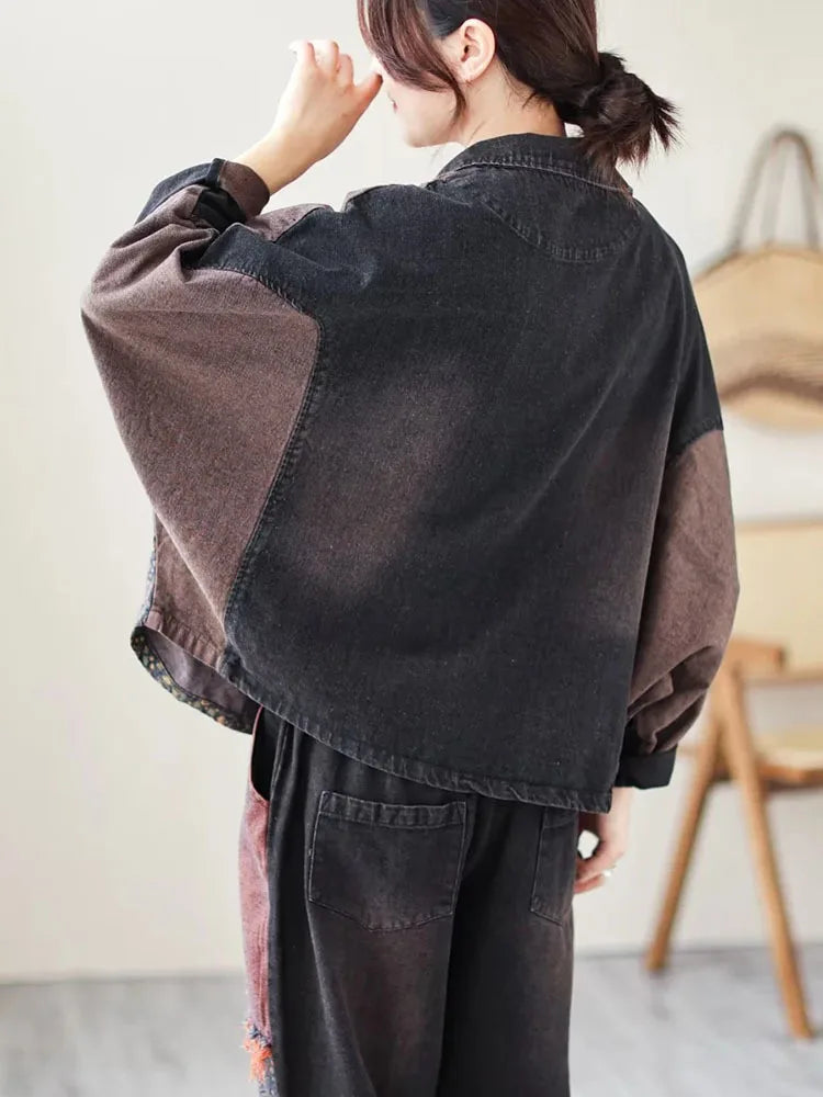 Womens Vintage Denim Two Piece Set with Printed Jacket and Casual Jeans