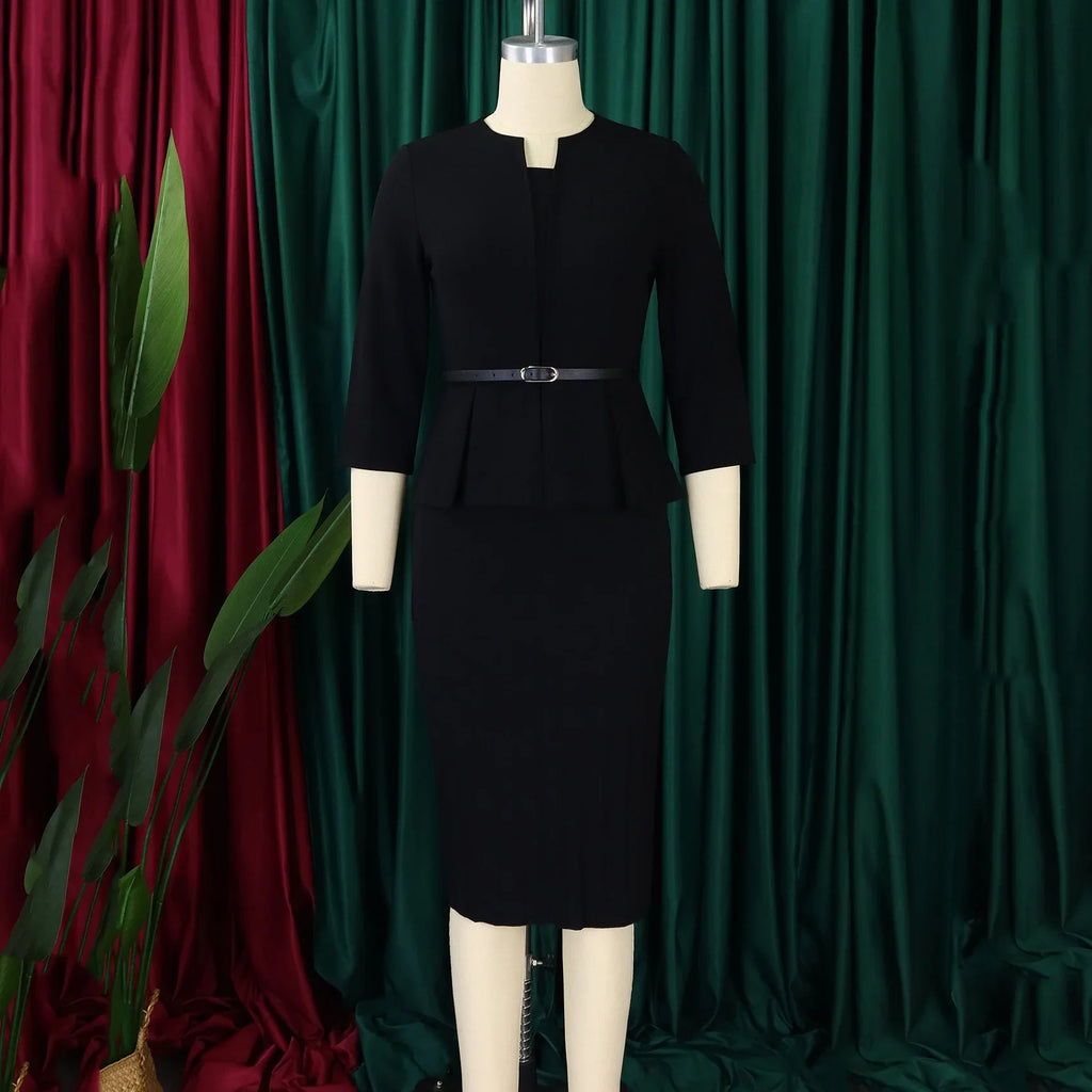 V Neck Office Sheath Dress For Women Belted Midi Style