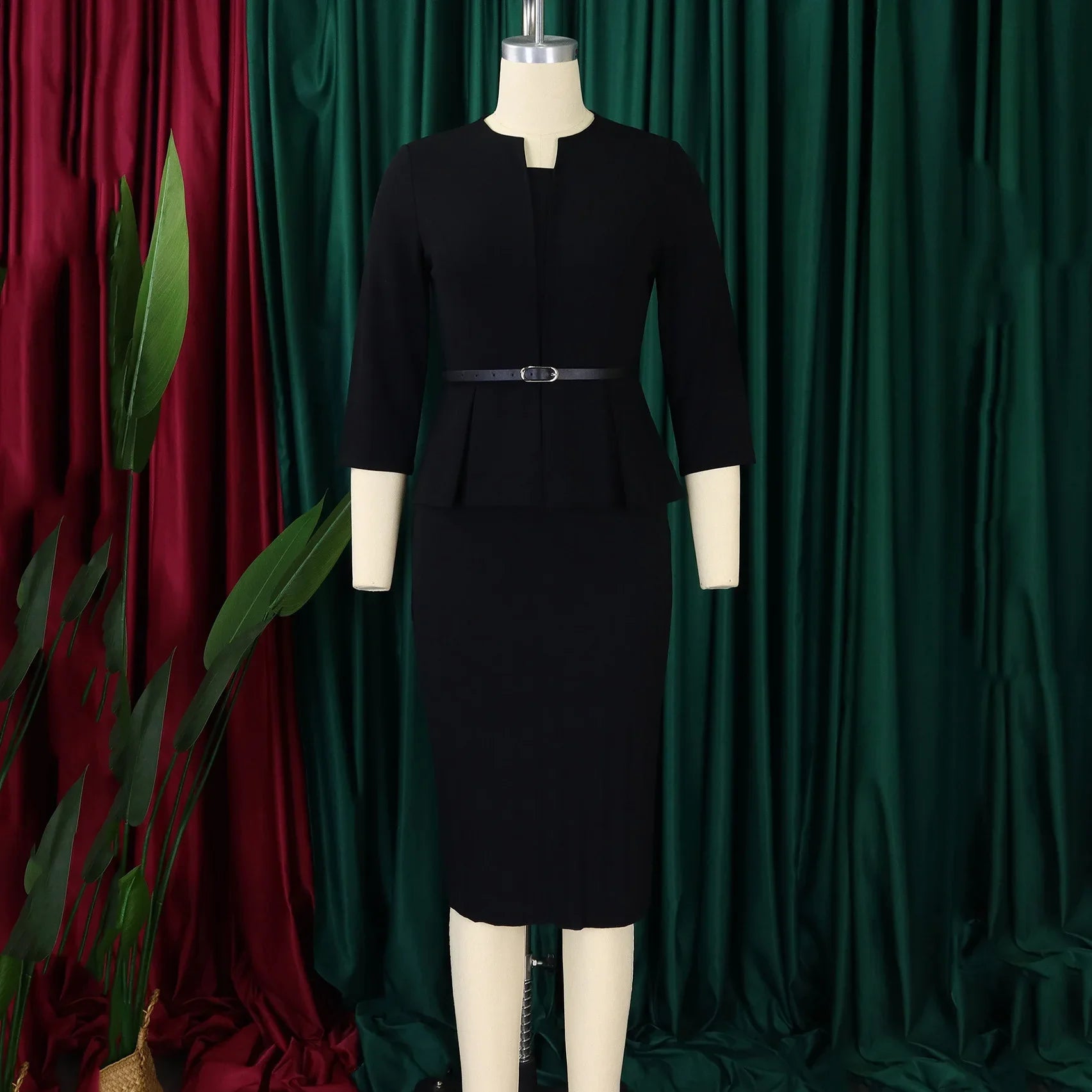 V Neck Office Sheath Dress For Women Belted Midi Style