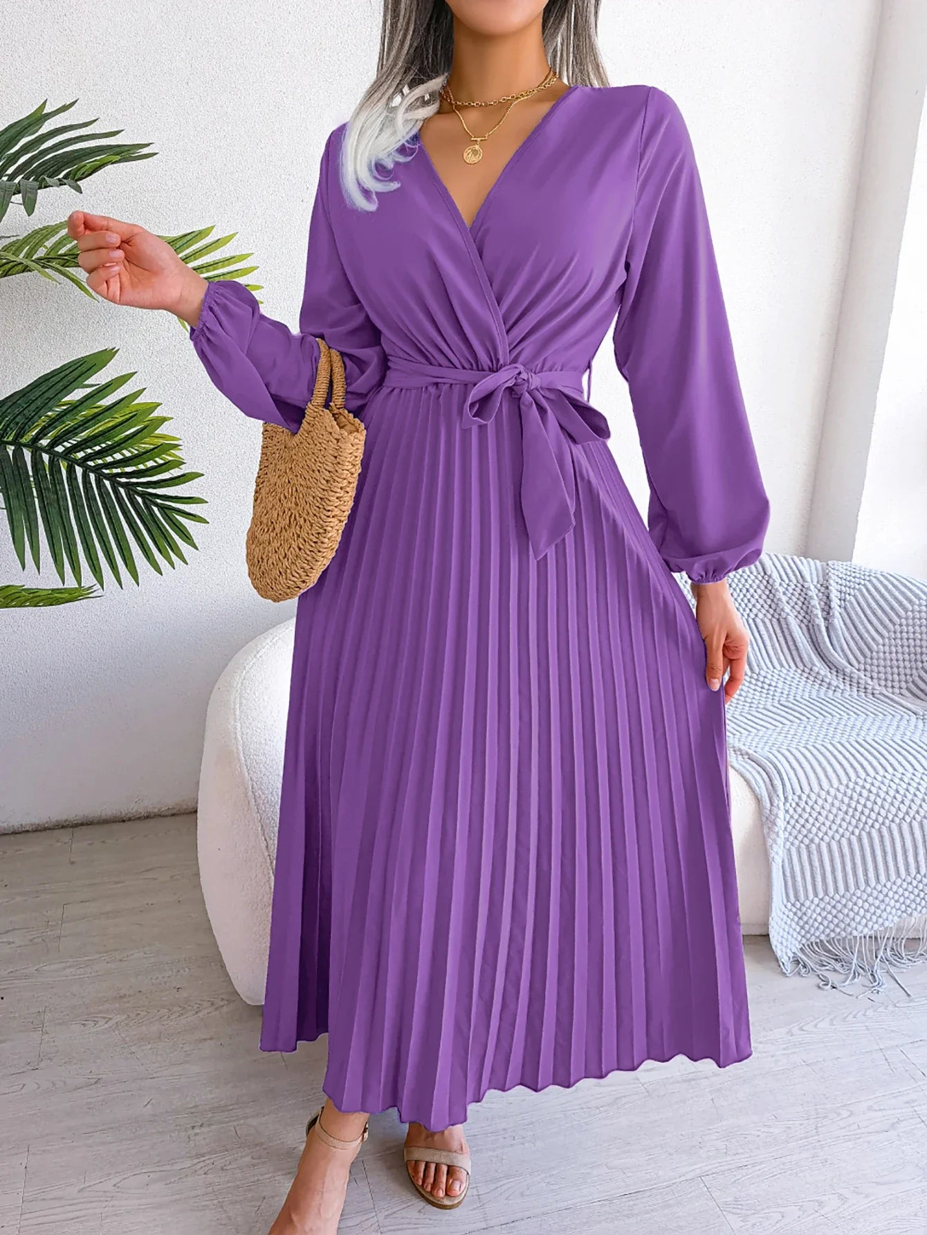 Elegant Surplice Neck Pleated Maxi Dress With Belt Flair