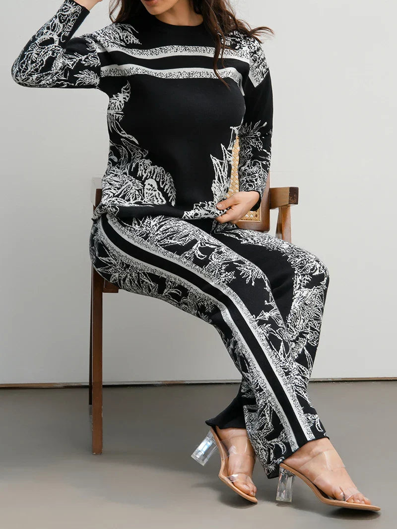 Elegant Women's Loungewear 2 Piece Knit Pants Set with Ink Floral Sweater and Matching Knitted Bottoms
