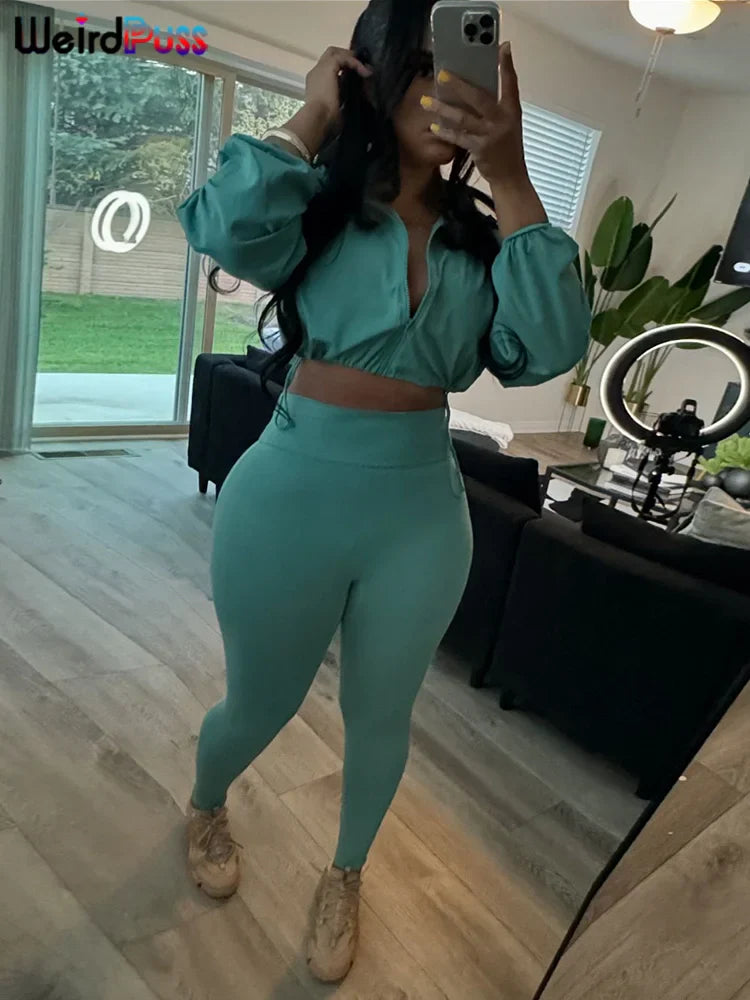 Weird Puss Tracksuit Women 2 Piece Set Casual Zip Thin Drawstring Crop Jacket and Leggings Matching Sporty Suit