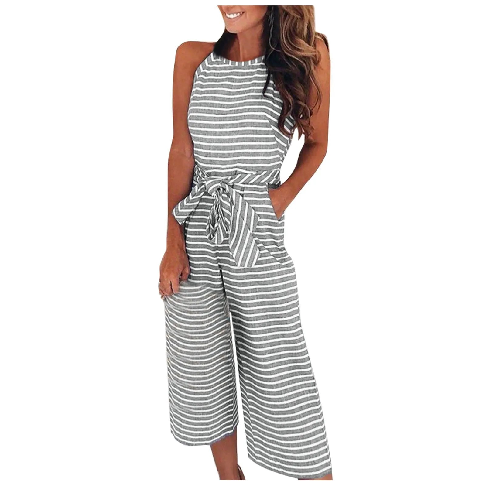 Elegant Sleeveless Striped Jumpsuit for Women Wide Leg Belted Romper Loose Fit Overalls Trousers