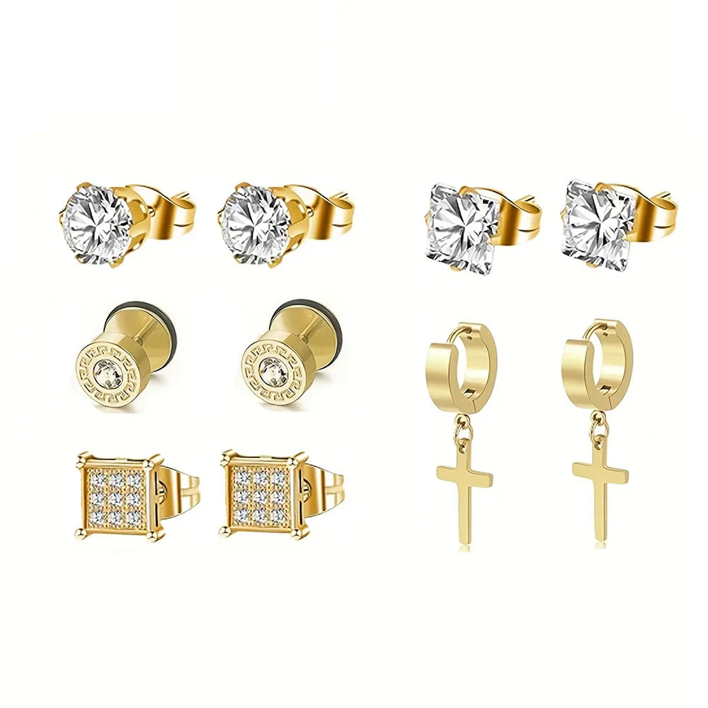 15 Pairs Stainless Steel Cross Dangle Earrings and Cubic Zirconia Stud Earrings for Men