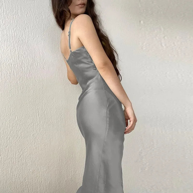 Elegant Satin Strap Dress With Back Split For Spring
