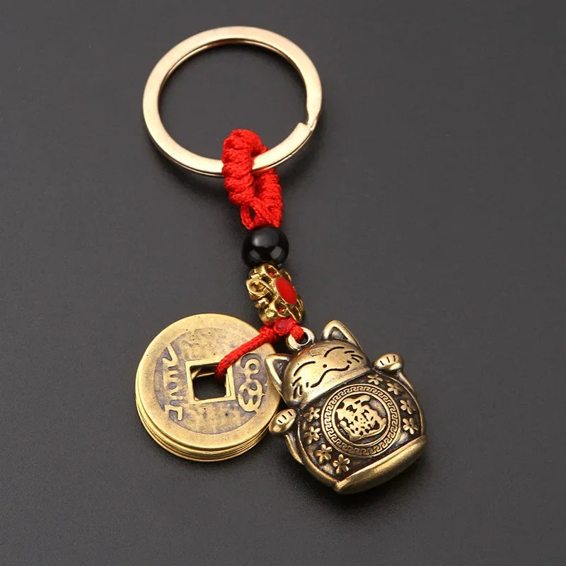 Vintage Handmade Lucky Cat Keychain with Feng Shui Coins and Beaded Design
