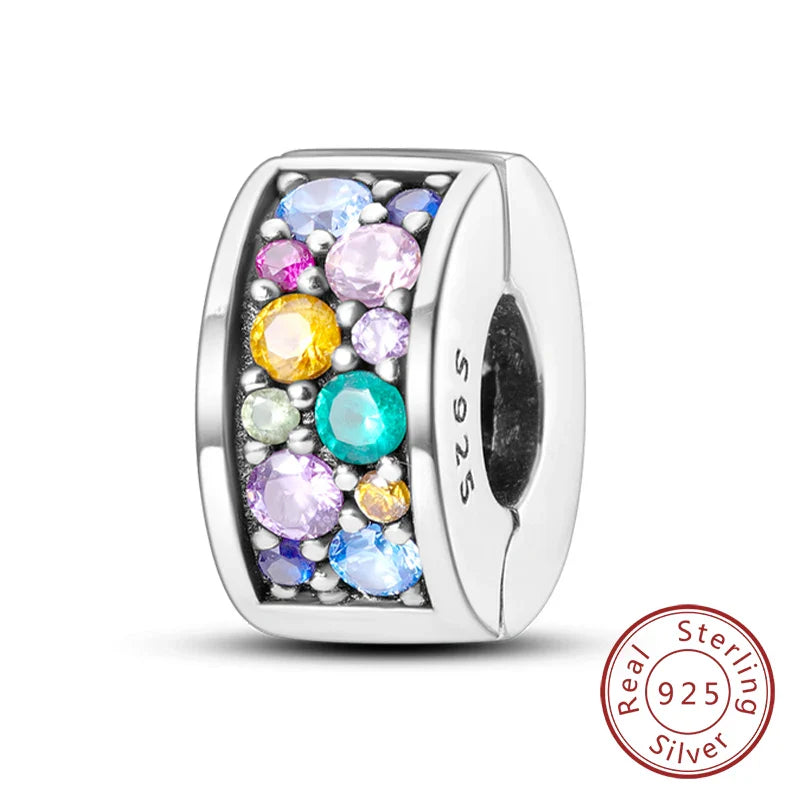 Fit Original 925 Sterling Silver Clip Charms with Zircon and Silicone Spacer Beads for Women DIY Bracelet Gift