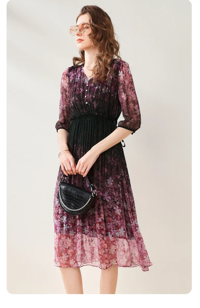Purple Floral Chiffon Dress With V Neck And Lantern Sleeves