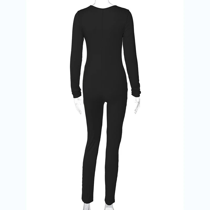 Solid V Neck Long Sleeve Hollow Out Lace Up Sexy Bodycon Jumpsuit Women's Fashion Streetwear Sporty Romper Overalls for Fall