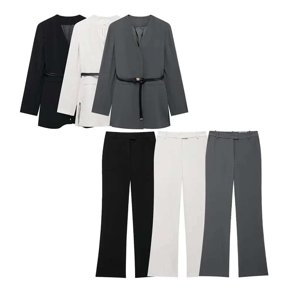 Women's Fashion Long Sleeve Suit Jacket with Belt and Zipper Straight Pants Set
