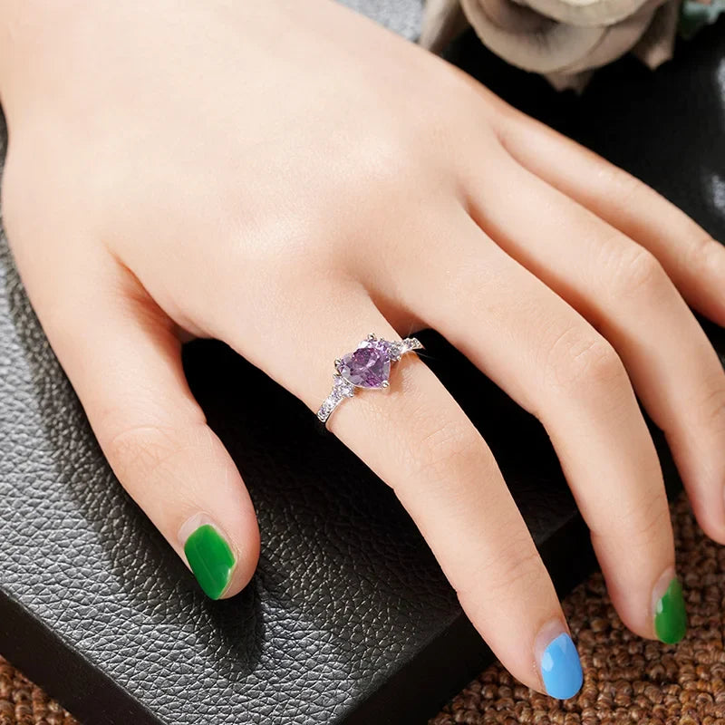 Purple Heart Cubic Zirconia Engagement Ring for Women Unique Wedding Jewelry Romantic Gift