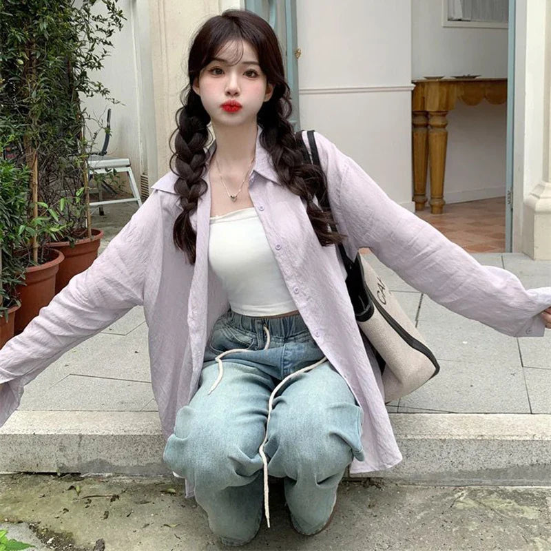 Purple Sunscreen Long Sleeve Shirt for Women Lightweight Single Breasted Loose Casual Blouse with Turn Down Collar