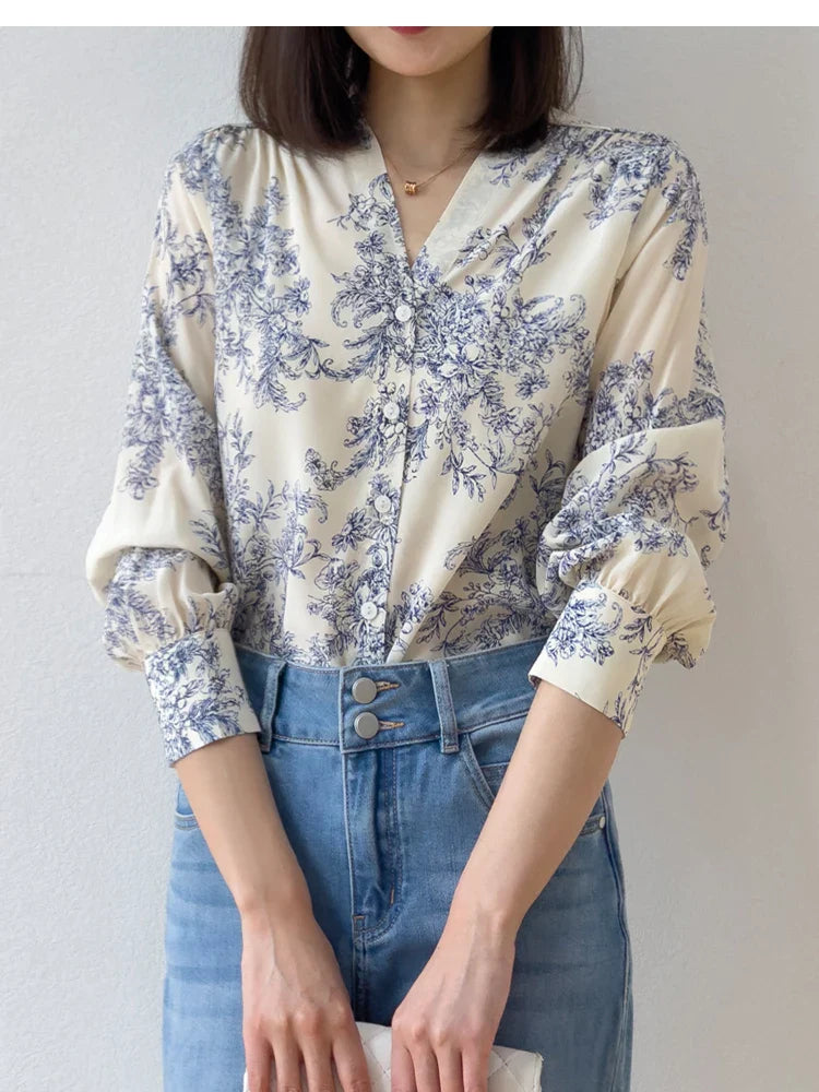 Women 100 Percent Mulberry Crepe Silk Shirt White Floral Button Down Long Sleeve Blouse Elegant Office Top M L XL