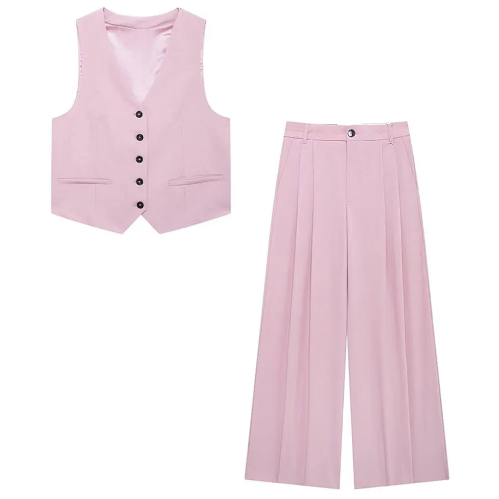 Women Solid Pant Sets with Adjustable Back Strap and V-Neck Vest High Waist Trousers Fashion Outfit