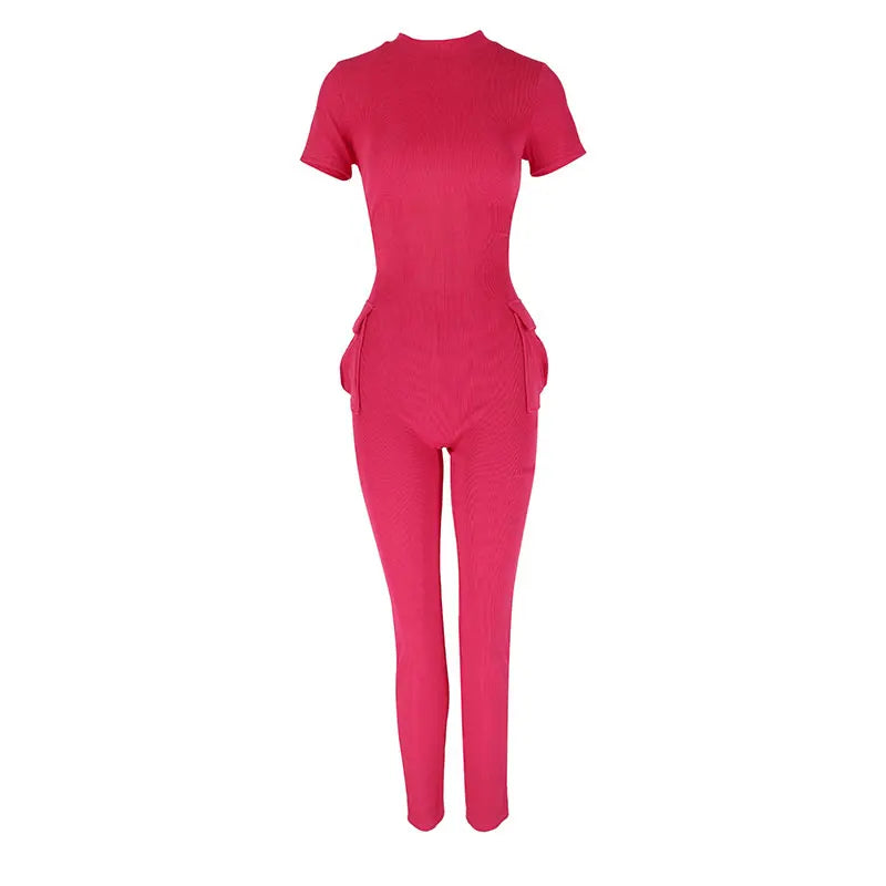 Sexy Sweet Pink Hollow Out Jumpsuit for Women Short Sleeve Elegant Romper with Pockets Casual Streetwear Spring Fashion