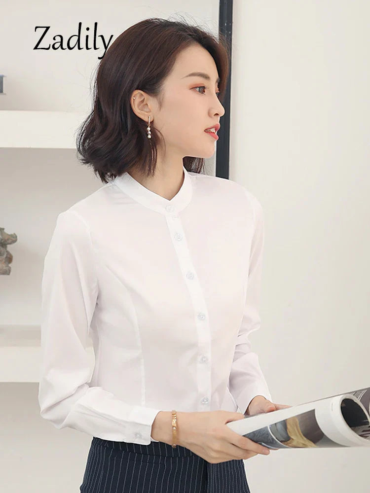 Women's Long Sleeve White Basic Shirt Blouse Stand Neck Tunic Button Up Office Work Top All Season