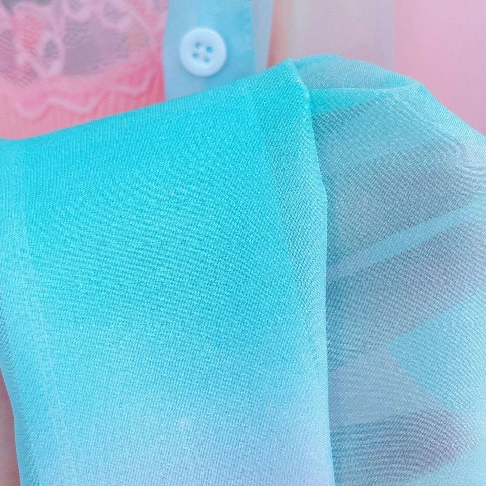 Sheer Long Sleeve Gradient Rainbow Blouse Casual Loose Fit Office Shirt for Women