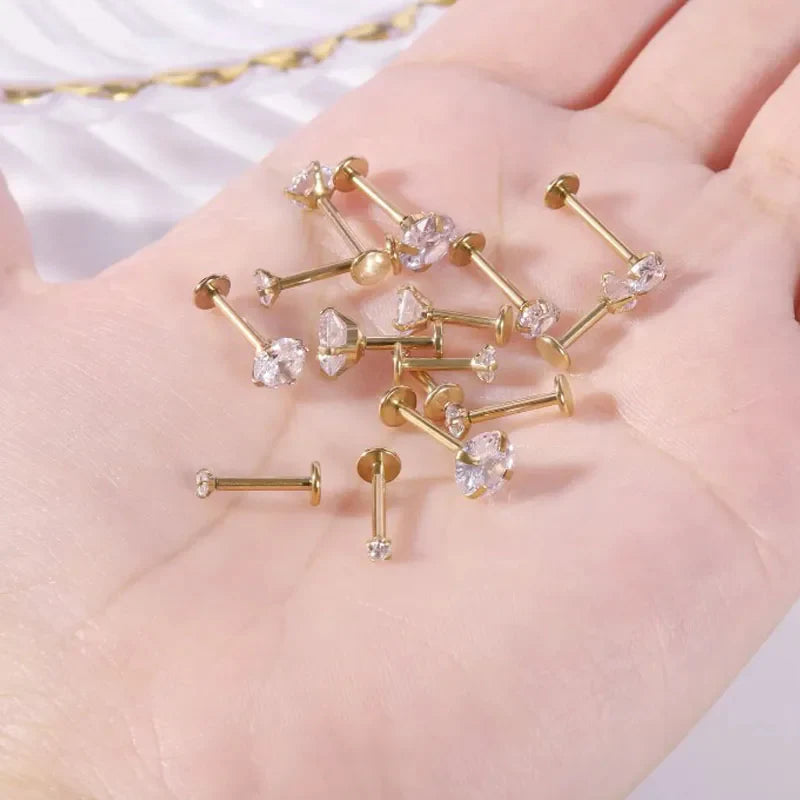 10Pcs 16G Stainless Steel Labret Lip Studs Set with CZ Crystal for Ear Cartilage and Tragus Piercings