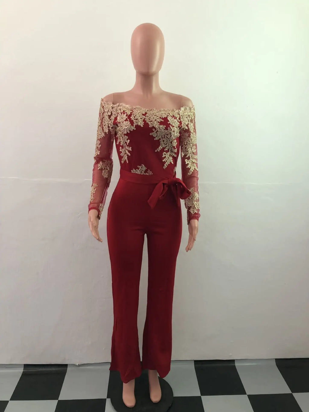 Appliques Lace Patchwork Off Shoulder Jumpsuit for Women with Slash Neck Long Sleeve and Elegant Wide Leg Pants Party Overalls