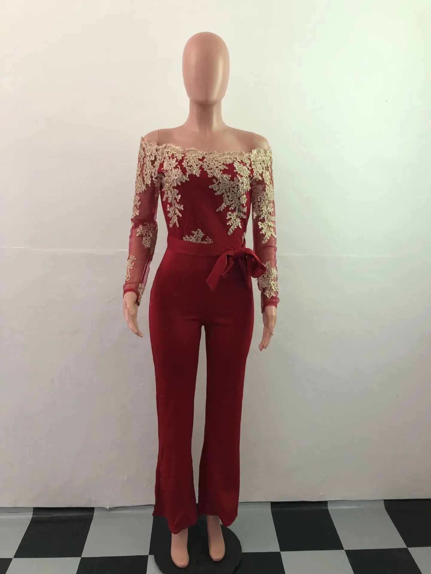 Appliques Lace Patchwork Off Shoulder Jumpsuit for Women with Slash Neck Long Sleeve and Elegant Wide Leg Pants Party Overalls