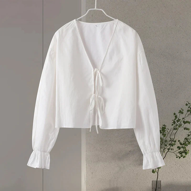 Elegant Solid Lace-Up V-Neck Blouse for Women with Lantern Sleeves and Hollow Out Detail Loose Fit Chic Female Shirt