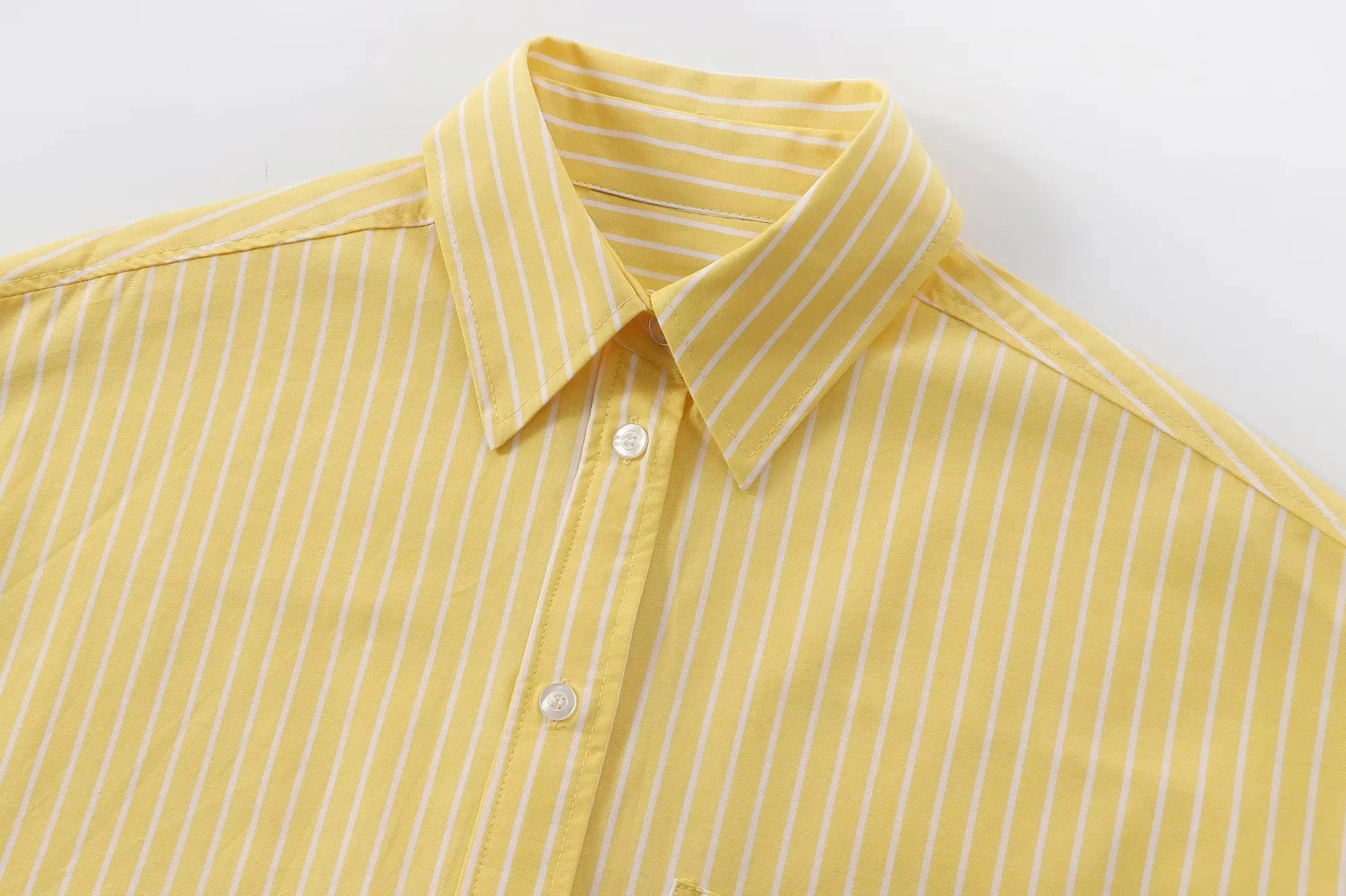 Casual Women Striped Butter Yellow Shirt Vintage Thin Fabric Turn-Down Collar Single Breasted Button-Up Top
