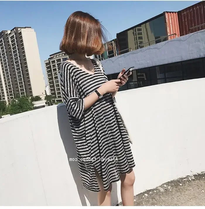 Summer Women's Striped T-Shirt Dress Loose Fit Short Sleeve Casual Tee for Home Wear