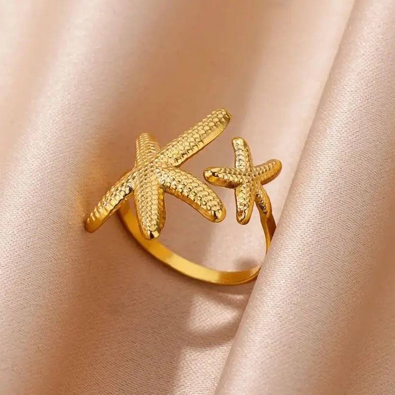 Gold Color Stainless Steel Starfish Open Adjustable Ring for Women Geometric Fashion Jewelry Gift
