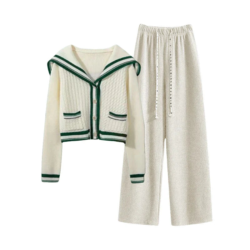 Preppy Style Knitted Two Piece Set with Sailor Collar Sweater and Elastic Pants for Women's Korean Sportswear