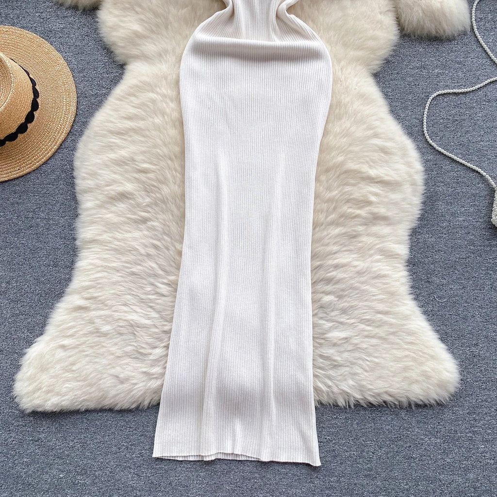 Summer Knit Bodycon Solid Dress for Women Short Sleeve Maxi