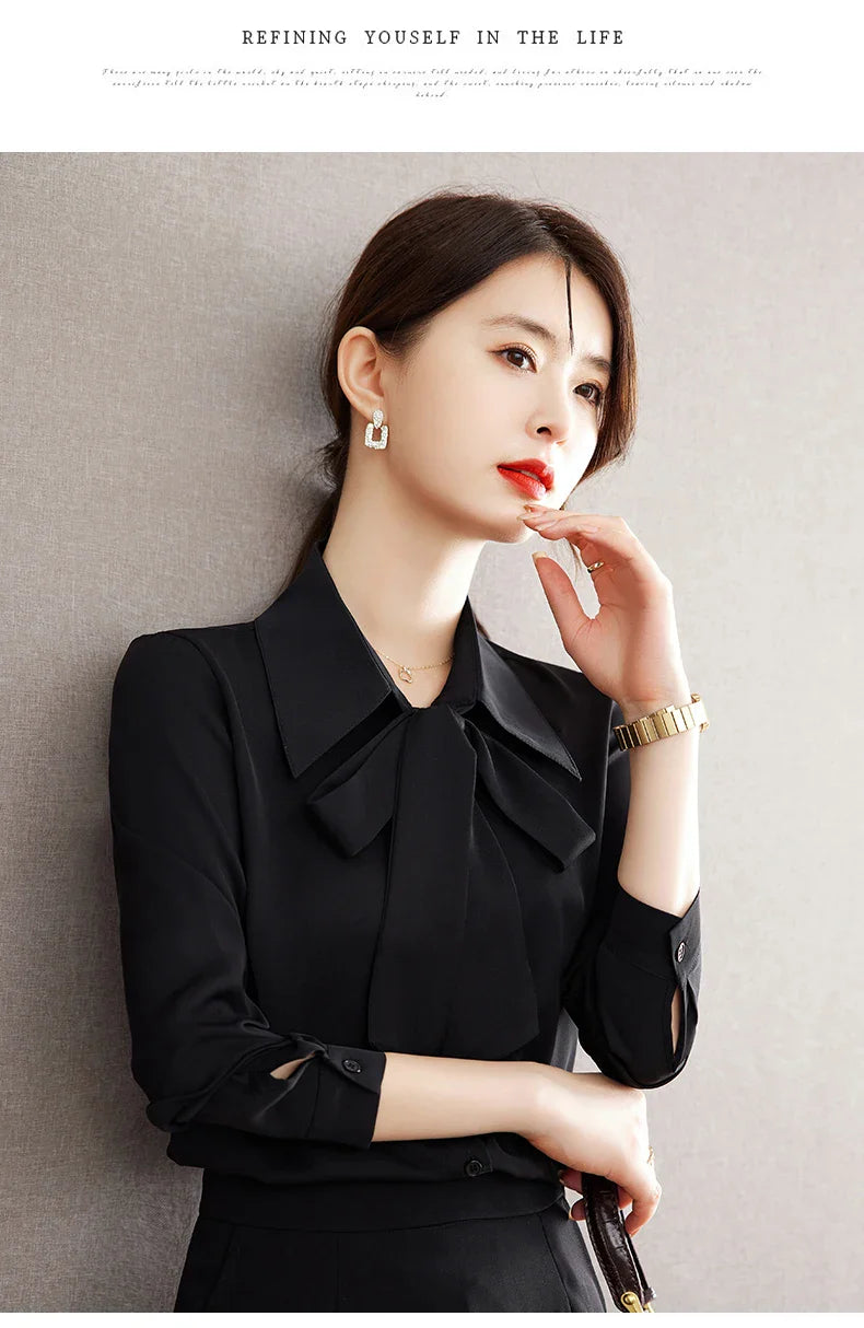 Elegant Bow Tie Ribbon Blouse for Women Lace Up Temperament Shirt Stylish Spring and Autumn Top