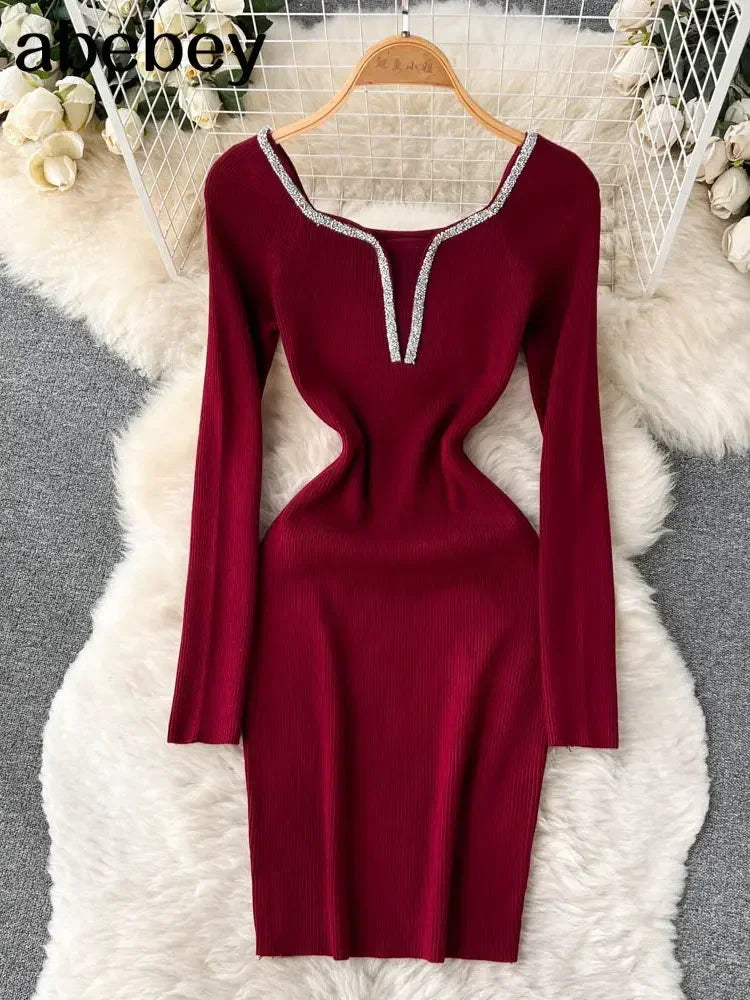 Knit Bodycon Dress For Women Long Sleeve Winter Sweater