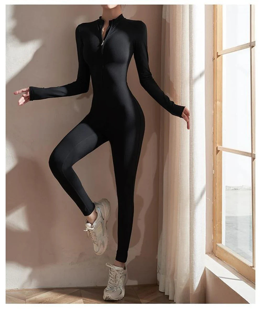 Womens Long Sleeve Slim Fit Yoga Jumpsuit Stretch One Piece Romper with Front Zipper Black Fitness Activewear
