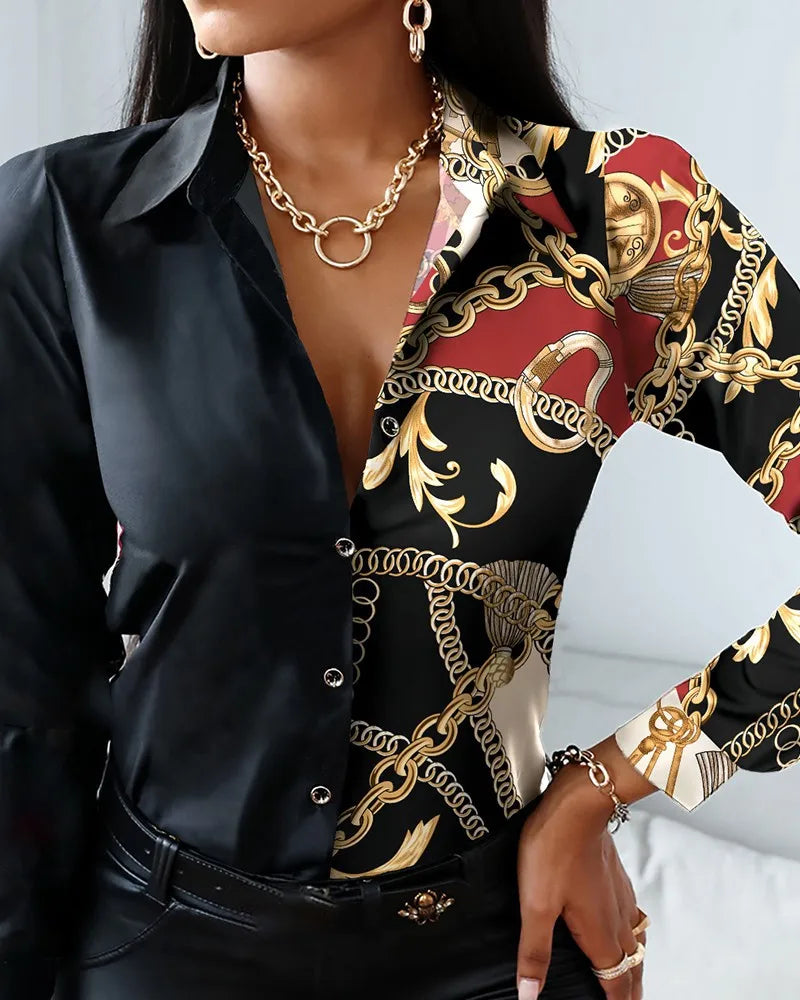 Office Lady Turn Down Collar Leopard Print Shirt with Striped Lapel Long Sleeve Blouse Casual Vintage Fashion Top