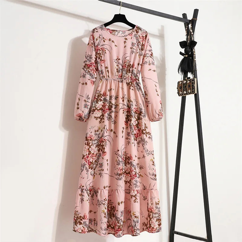 Bohemian Floral Maxi Dress High Waist Chiffon Long Sleeves