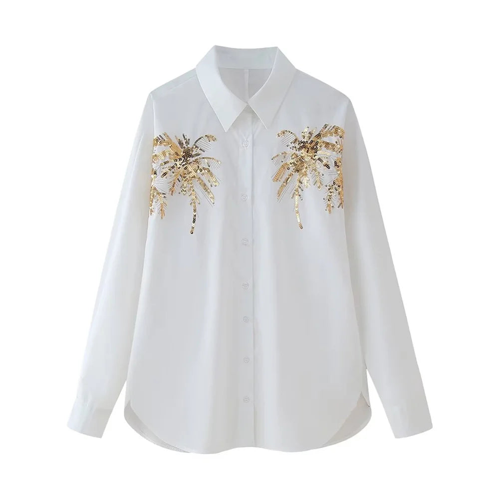 Casual Women's Long Sleeve Shirt Top with Bead Embroidery Loose Fit Relaxed Stylish Versatile Fashion Blouse