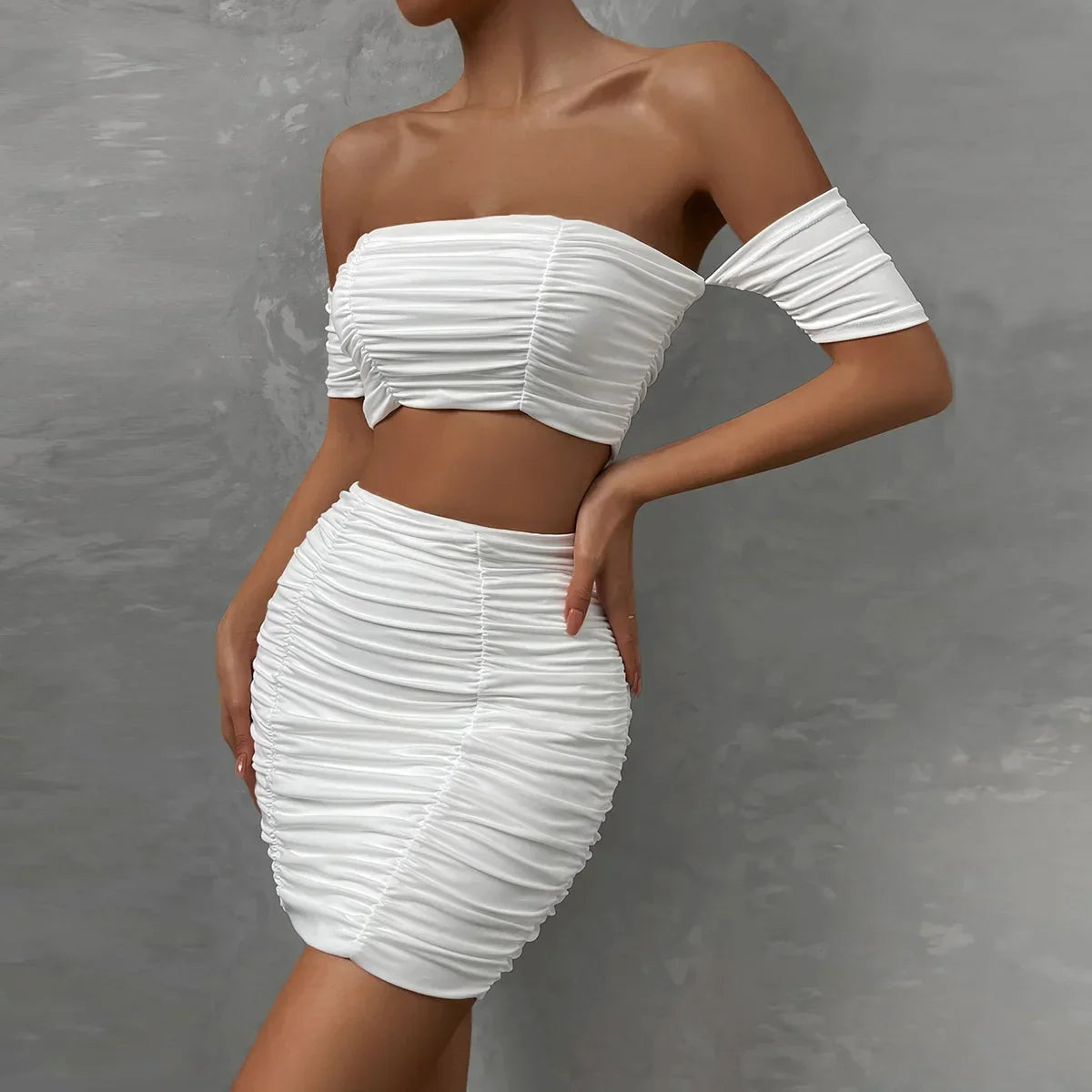 Fashionable Casual Women's Two-Piece Set with Short Sleeve Bodycon Skirt and Sexy Shoulder Cutouts Summer Outfit
