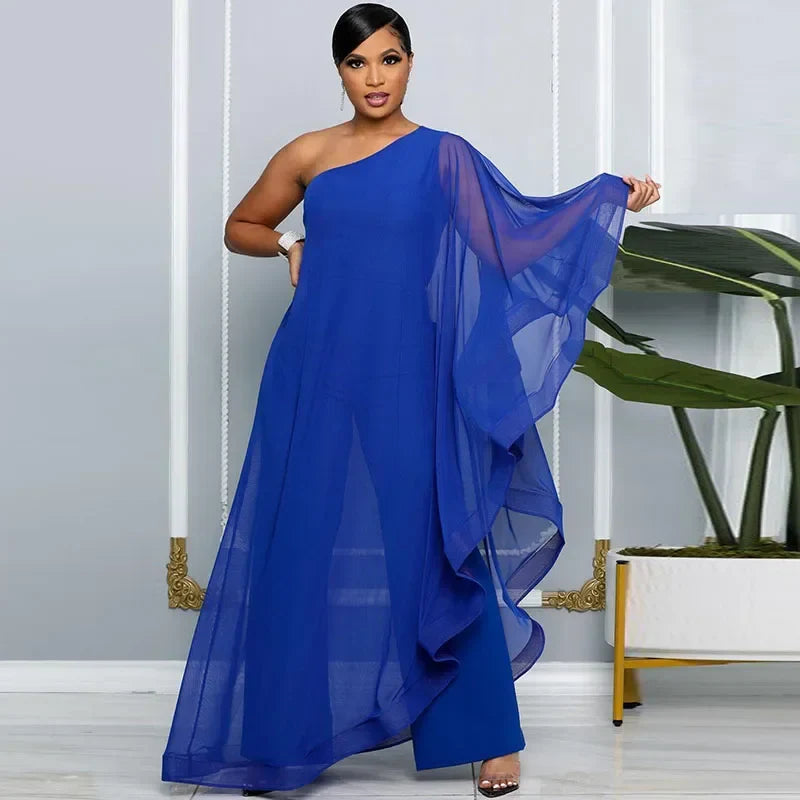 Elegant Chiffon One Shoulder Wide Leg Jumpsuit for Women Evening Party Birthday Romper Overalls Stylish One Piece Combinaison Femme