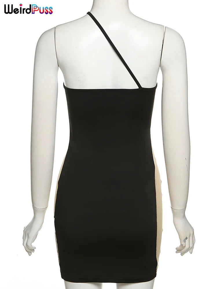 Mesh Patchwork Sexy Dress One Shoulder Sleeveless Bodycon