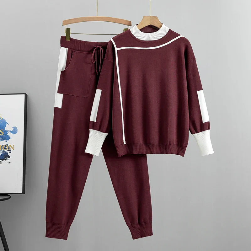 Knitted Casual Two Piece Set for Women Featuring Long Sleeve Pullover Sweater and Stylish Pants Suit