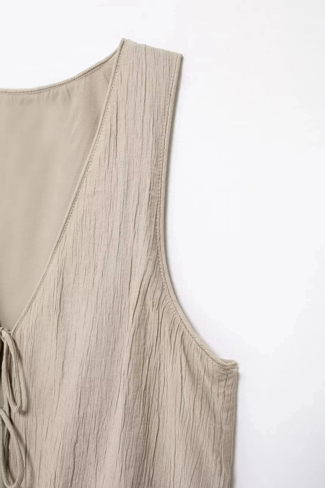 Summer Women's Elegant Solid Color Skirt Set Casual V-neck Bow Lace-Up Sleeveless Crop Vest Top with Loose Drawstring Midi Skirt