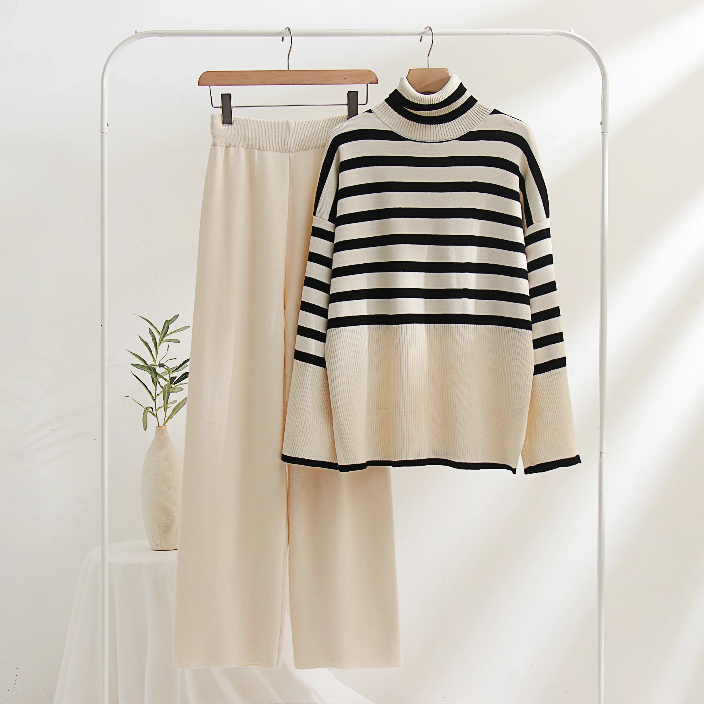 Winter Oversized Stripe Knitted Turtleneck Sweater Set with Casual Long Sleeve Pullover and Elastic Waist Pants