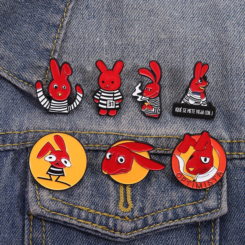 Humorous Anime Character Enamel Pins Red Eared Rabbit Brooch for Backpack and Jewelry Gifts