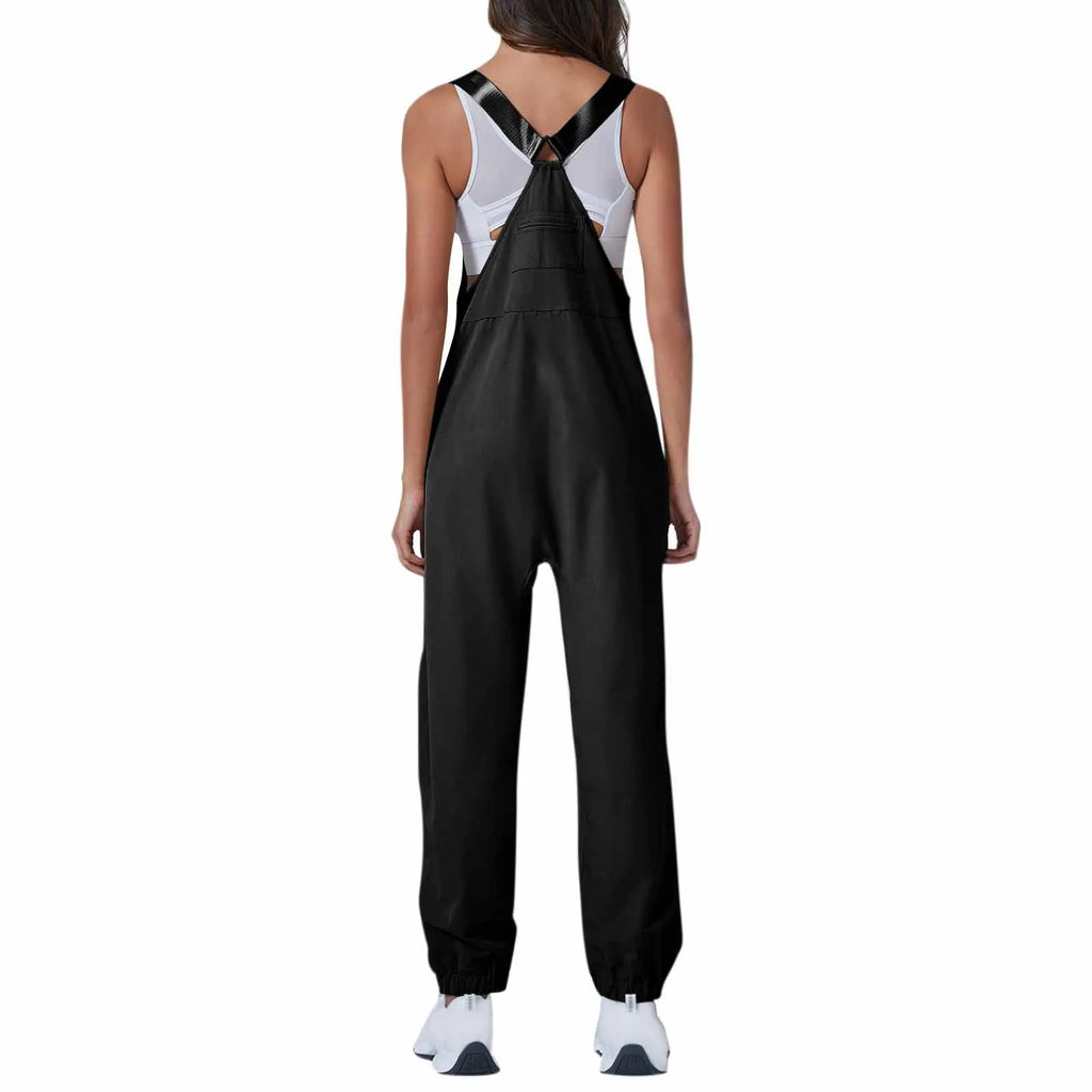 Women's Summer Casual Loose Wide Leg Jumpsuit with Adjustable Straps Pockets and Retro Button Detail Solid Color Sleeveless Overalls