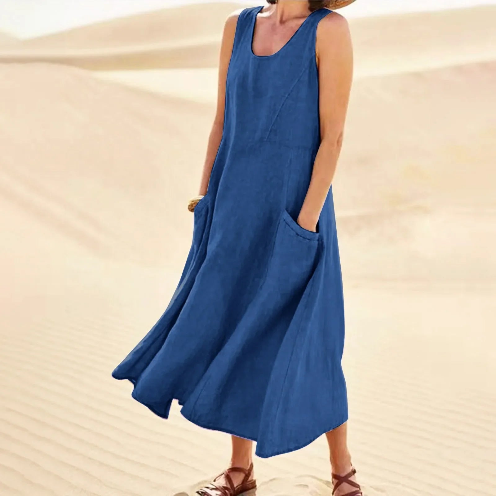 Cotton Linen Maxi Dress Plus Size Boho Sleeveless Pocket
