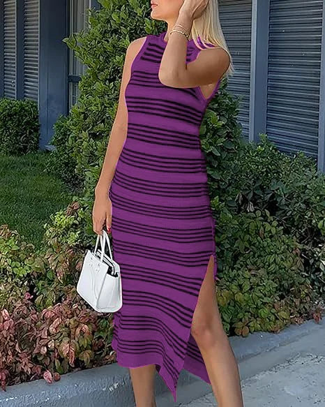 Casual Striped Knitted Midi Dress With Side Slit Summer