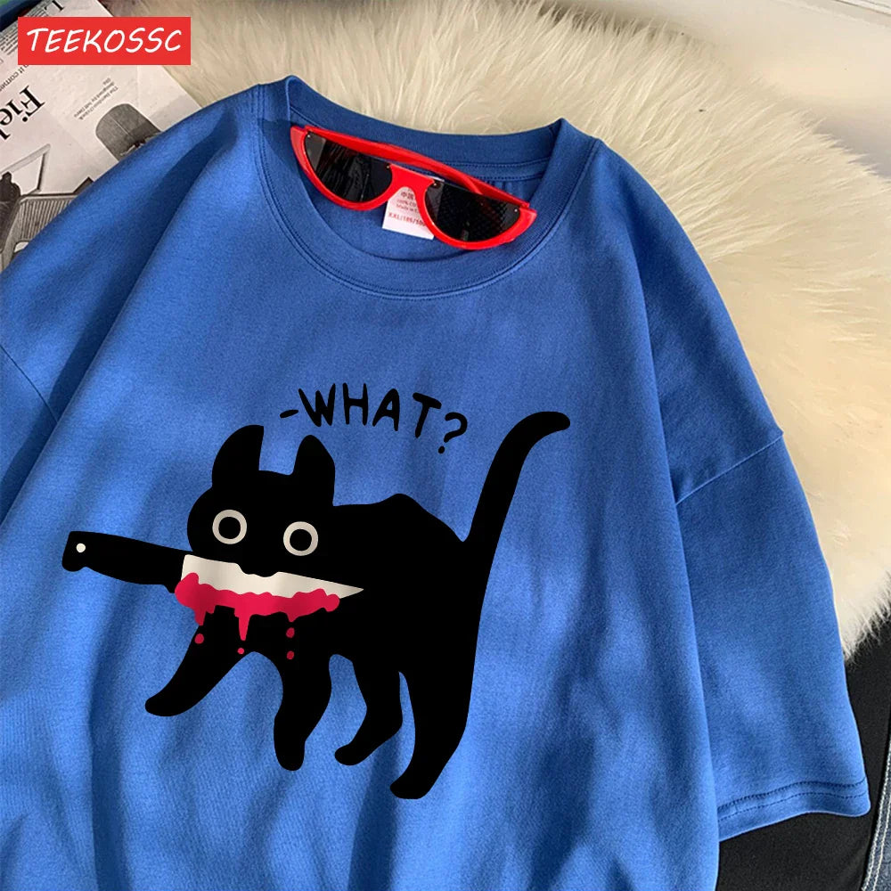 Summer Cotton Women's T-Shirts with Black Cat Print Casual Oversize O-Neck Streetwear for Daily Life and Dating