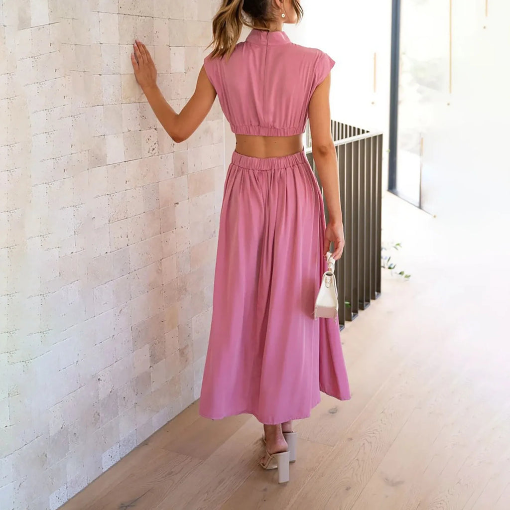 Solid Color High Waist Maxi Dress Sleeveless With Pockets
